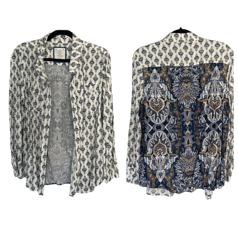 Style & Co Bohemian Pattern Button Up Top Aztec Print Blouse Long Sleeve